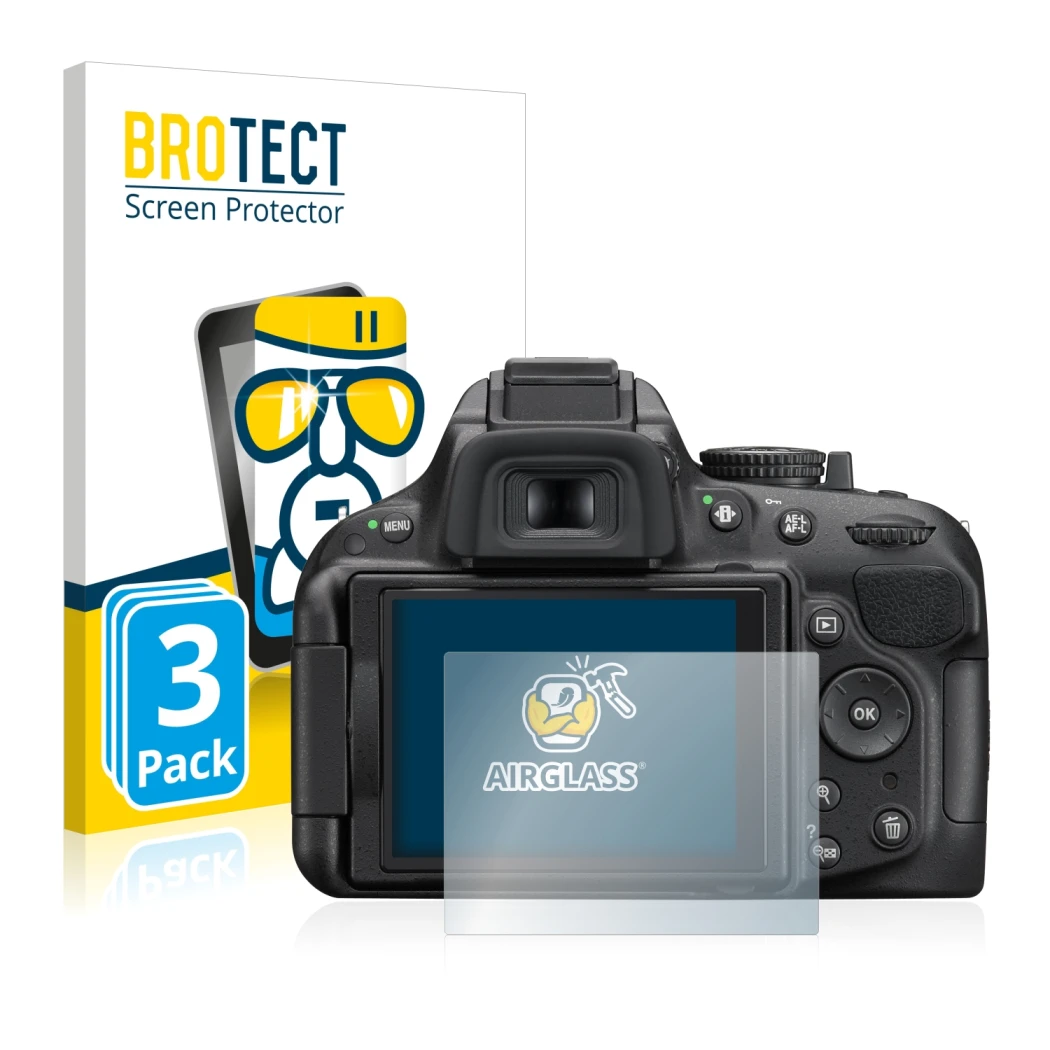 Parte frontale di una confezione del prodotto con il logo del marchio BROTECT. Accanto è raffigurato il dispositivo Nikon D520