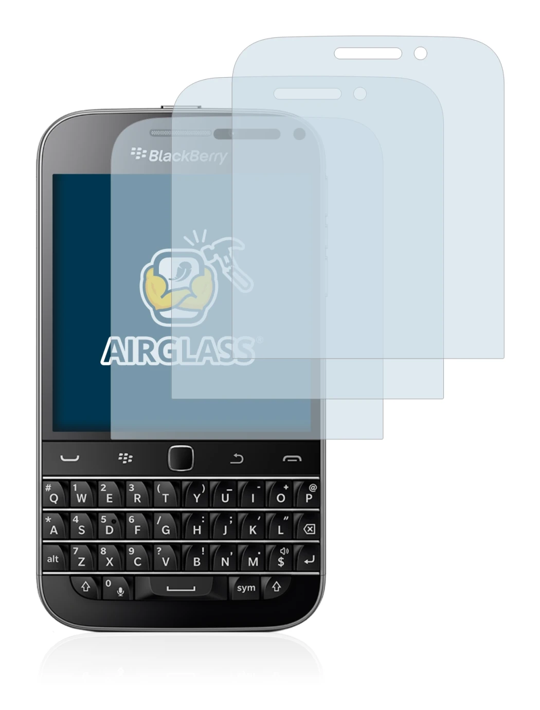 Immagine del dispositivo Blackberry Classic Q20 con un'ampia varietà di protezioni per lo schermo.