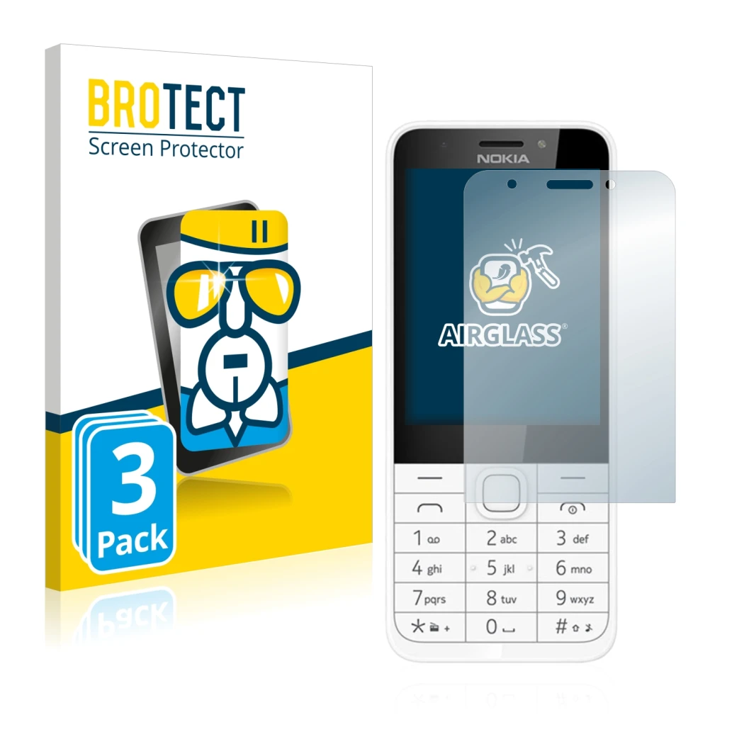 Parte frontale di una confezione del prodotto con il logo del marchio BROTECT. Accanto è raffigurato il dispositivo Nokia 230