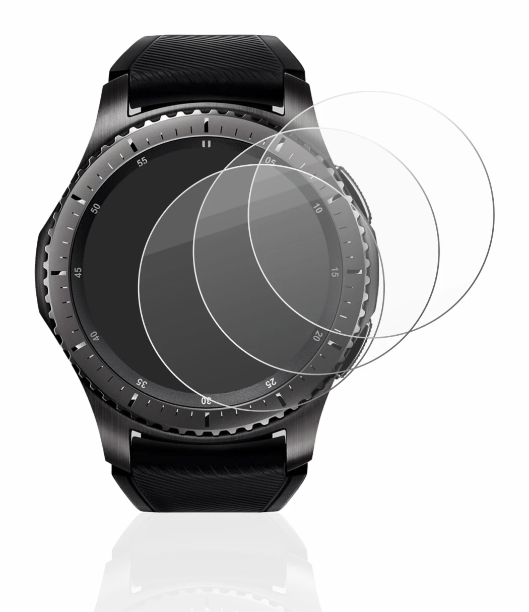 Immagine del dispositivo Samsung Gear S3 Frontier con un'ampia varietà di protezioni per lo schermo.