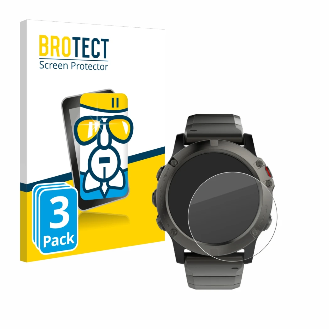 Parte frontale di una confezione del prodotto con il logo del marchio BROTECT. Accanto è raffigurato il dispositivo Garmin Fen