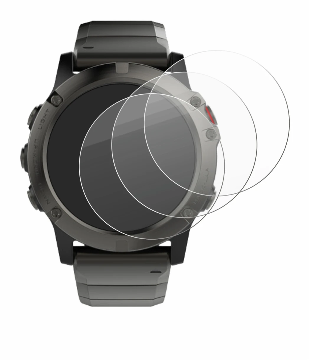 Immagine del dispositivo Garmin Fenix 5X (51 mm) con un'ampia varietà di protezioni per lo schermo.