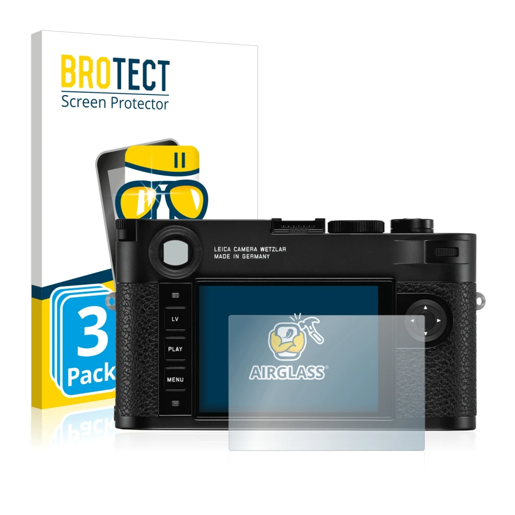 Parte frontale di una confezione del prodotto con il logo del marchio BROTECT. Accanto è raffigurato il dispositivo Leica M10