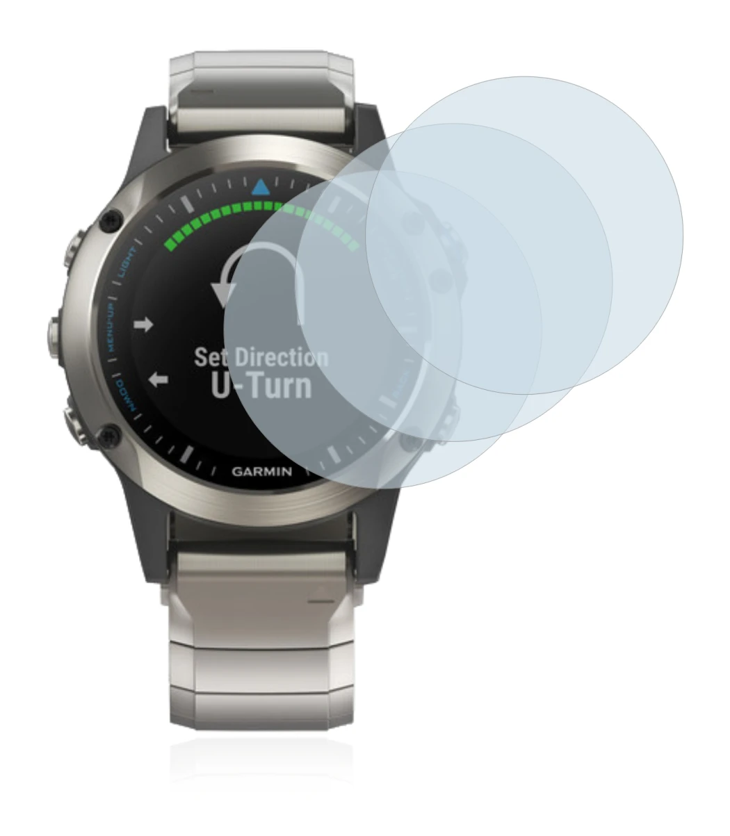 Immagine del dispositivo Garmin quatix 5 con un'ampia varietà di protezioni per lo schermo.