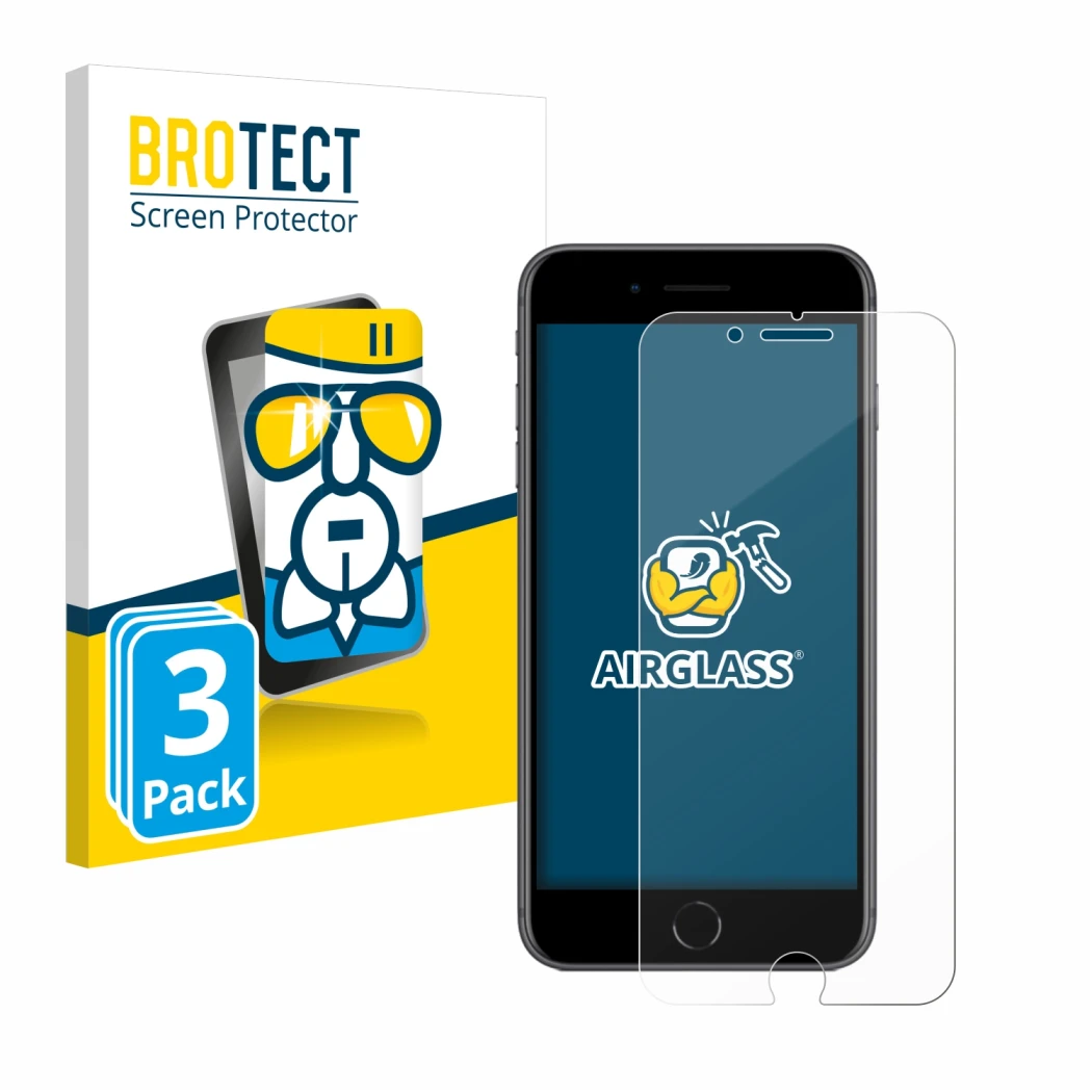 Parte frontale di una confezione del prodotto con il logo del marchio BROTECT. Accanto è raffigurato il dispositivo Apple iPho