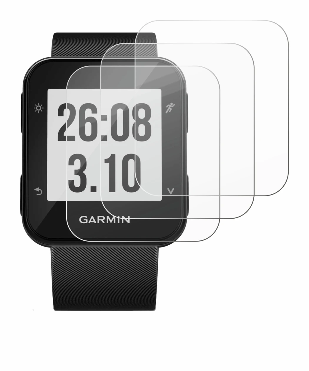 Immagine del dispositivo Garmin Forerunner 30 con un'ampia varietà di protezioni per lo schermo.