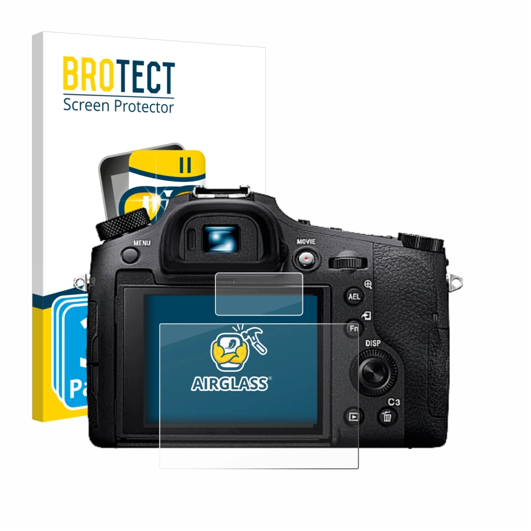Parte frontale di una confezione del prodotto con il logo del marchio BROTECT. Accanto è raffigurato il dispositivo Sony Cyber