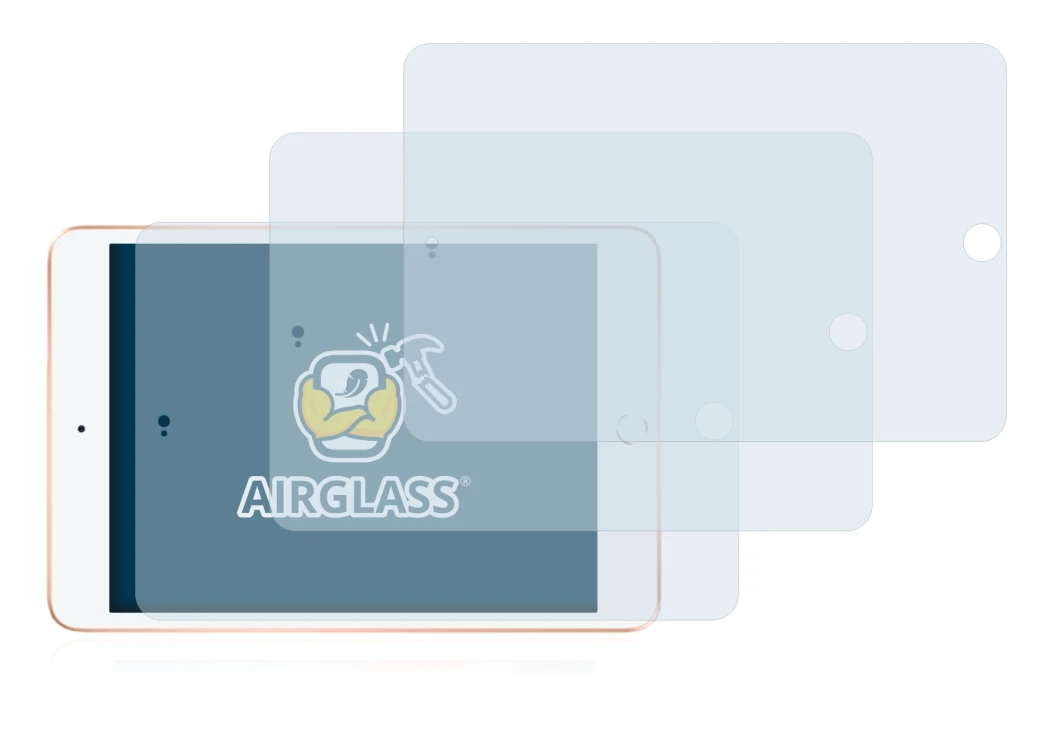 Immagine del dispositivo Apple iPad Mini 5 2019 (in formato orizzontale, 5a Gen.) con un'ampia varietà di protezioni per lo sc