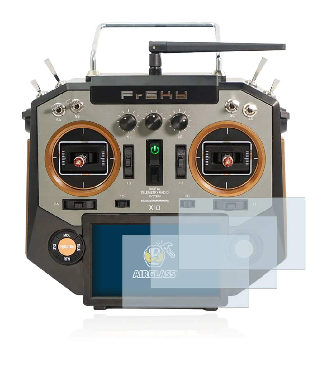 Immagine del dispositivo FrSky Horus X10 con un'ampia varietà di protezioni per lo schermo.