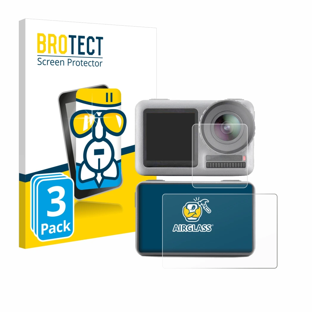 Parte frontale di una confezione del prodotto con il logo del marchio BROTECT. Accanto è raffigurato il dispositivo DJI Osmo A