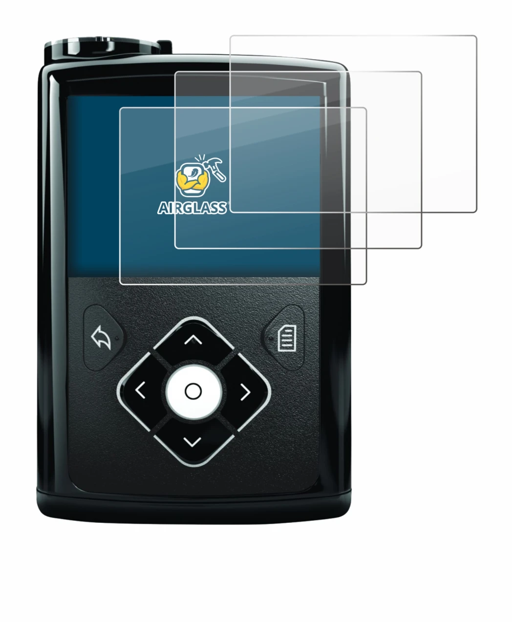 Immagine del dispositivo Medtronic Minimed 640G con un'ampia varietà di protezioni per lo schermo.