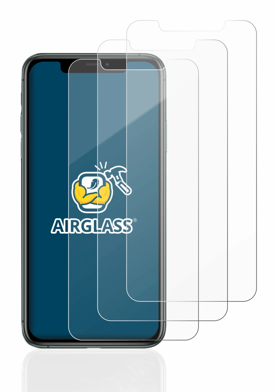 Immagine del dispositivo Apple iPhone 11 Pro Max con un'ampia varietà di protezioni per lo schermo.