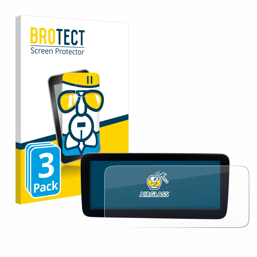 Parte frontale di una confezione del prodotto con il logo del marchio BROTECT. Accanto è raffigurato il dispositivo Mercedes-B