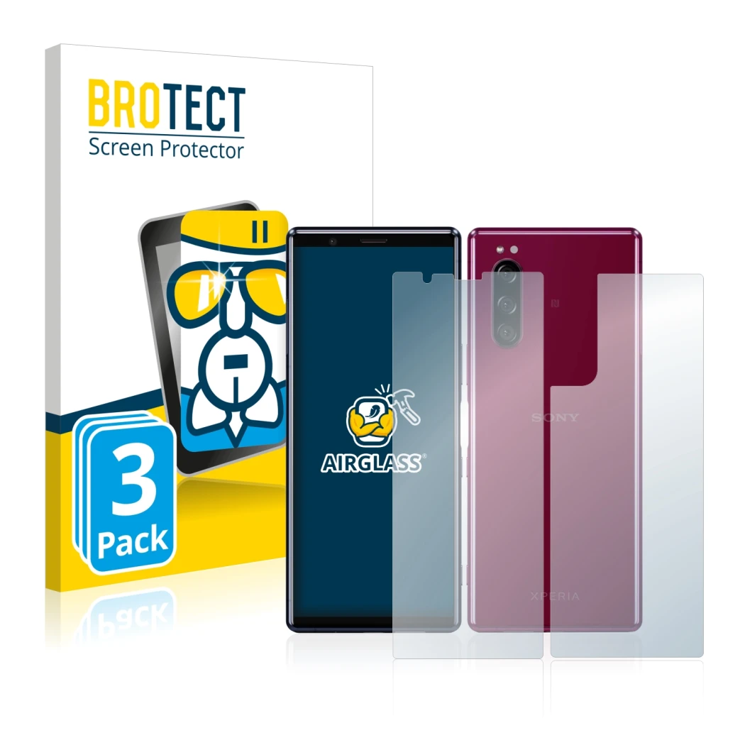 Parte frontale di una confezione del prodotto con il logo del marchio BROTECT. Accanto è raffigurato il dispositivo Sony Xperi