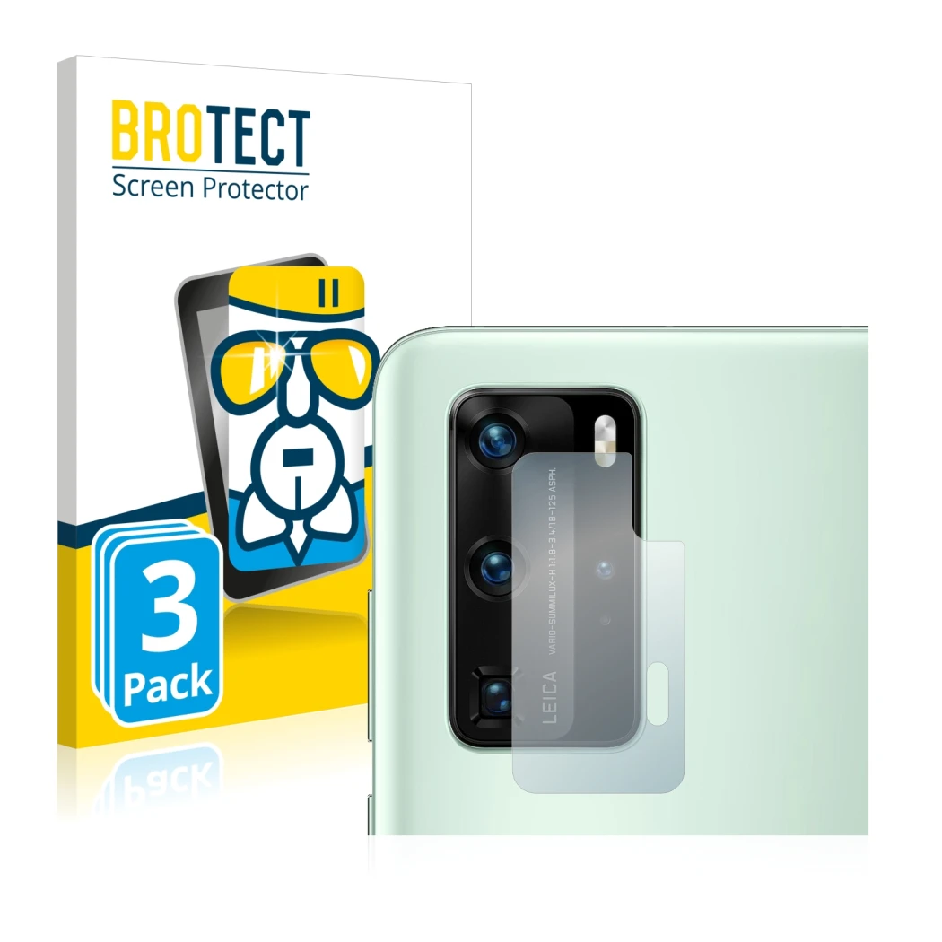 Parte frontale di una confezione del prodotto con il logo del marchio BROTECT. Accanto è raffigurato il dispositivo Huawei P40