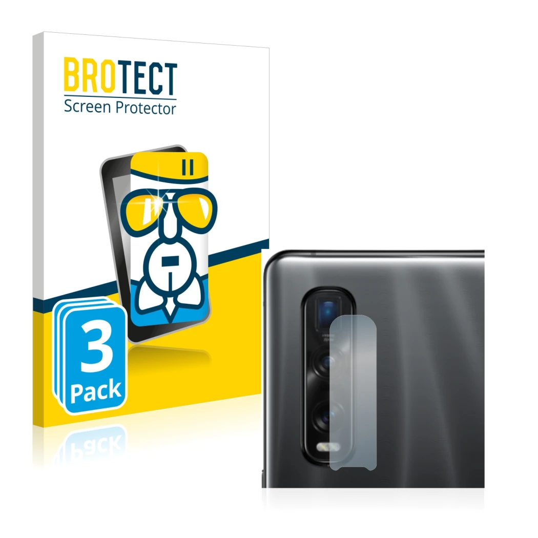 Parte frontale di una confezione del prodotto con il logo del marchio BROTECT. Accanto è raffigurato il dispositivo Oppo Find