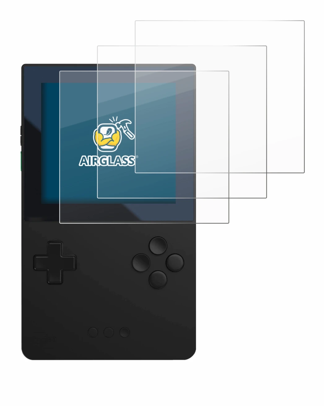 Immagine del dispositivo Analogue Pocket con un'ampia varietà di protezioni per lo schermo.