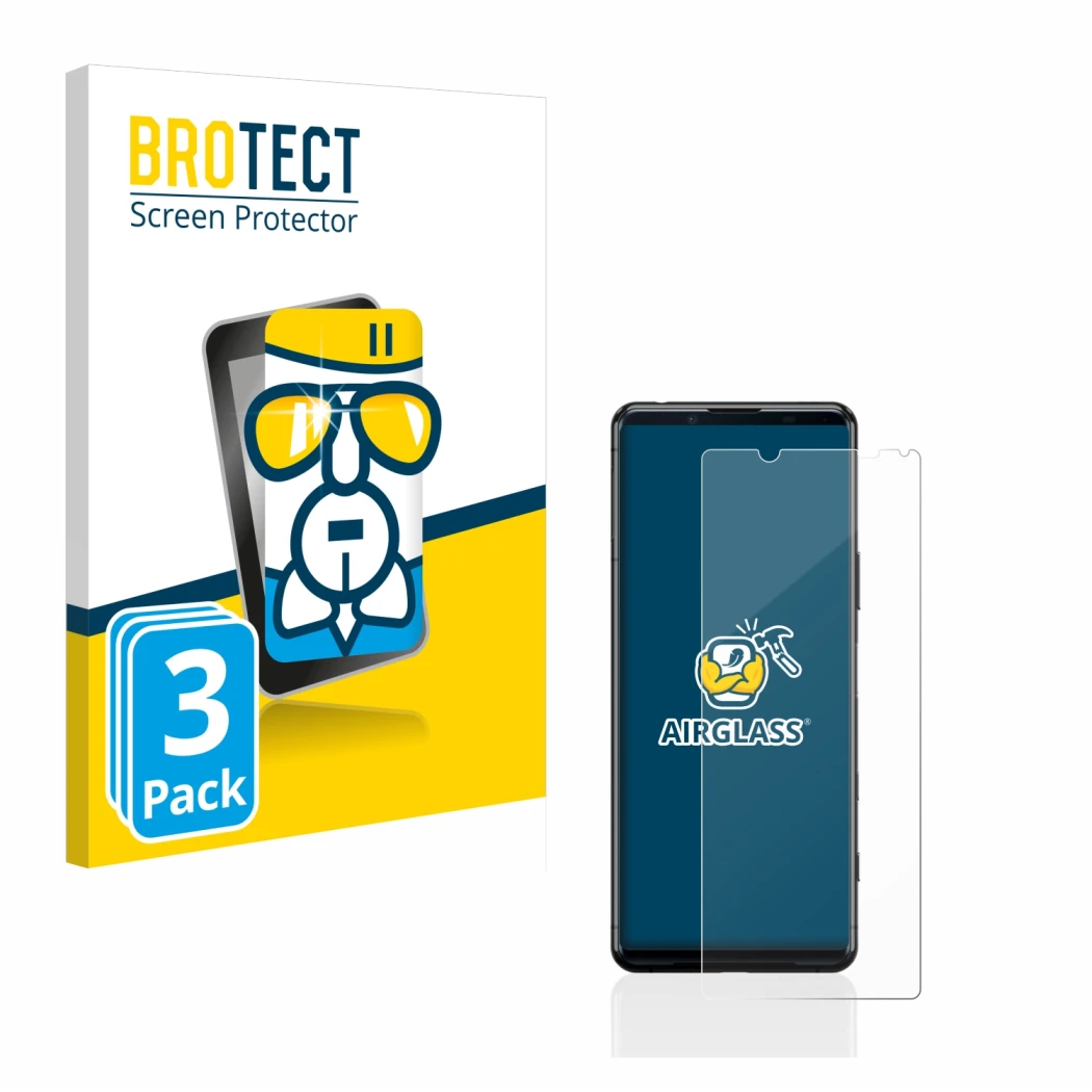 Parte frontale di una confezione del prodotto con il logo del marchio BROTECT. Accanto è raffigurato il dispositivo Sony Xperi