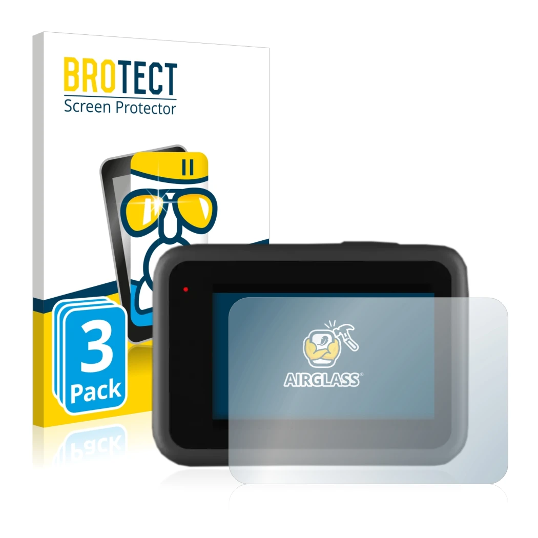 Parte frontale di una confezione del prodotto con il logo del marchio BROTECT. Accanto è raffigurato il dispositivo GoPro Hero