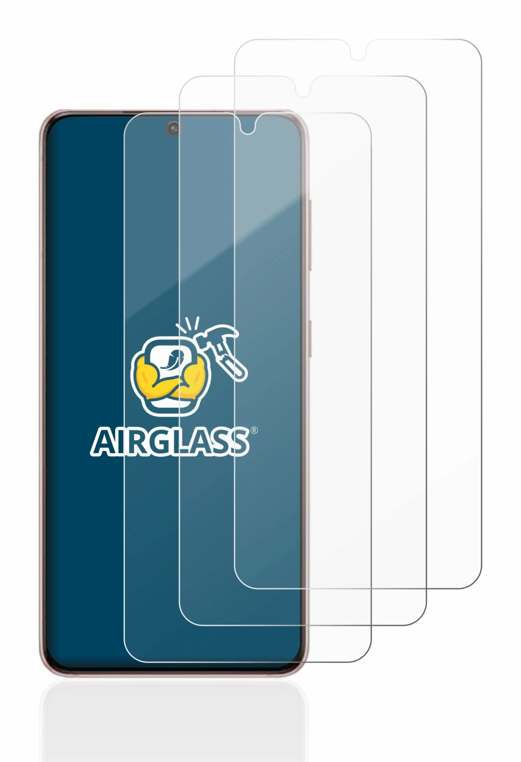 Immagine del dispositivo Samsung Galaxy S21 5G con un'ampia varietà di protezioni per lo schermo.