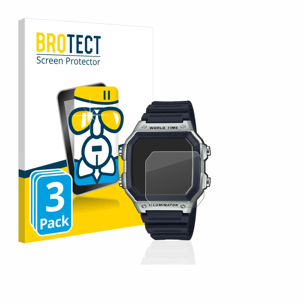 Parte frontale di una confezione del prodotto con il logo del marchio BROTECT. Accanto è raffigurato il dispositivo Casio AE-1