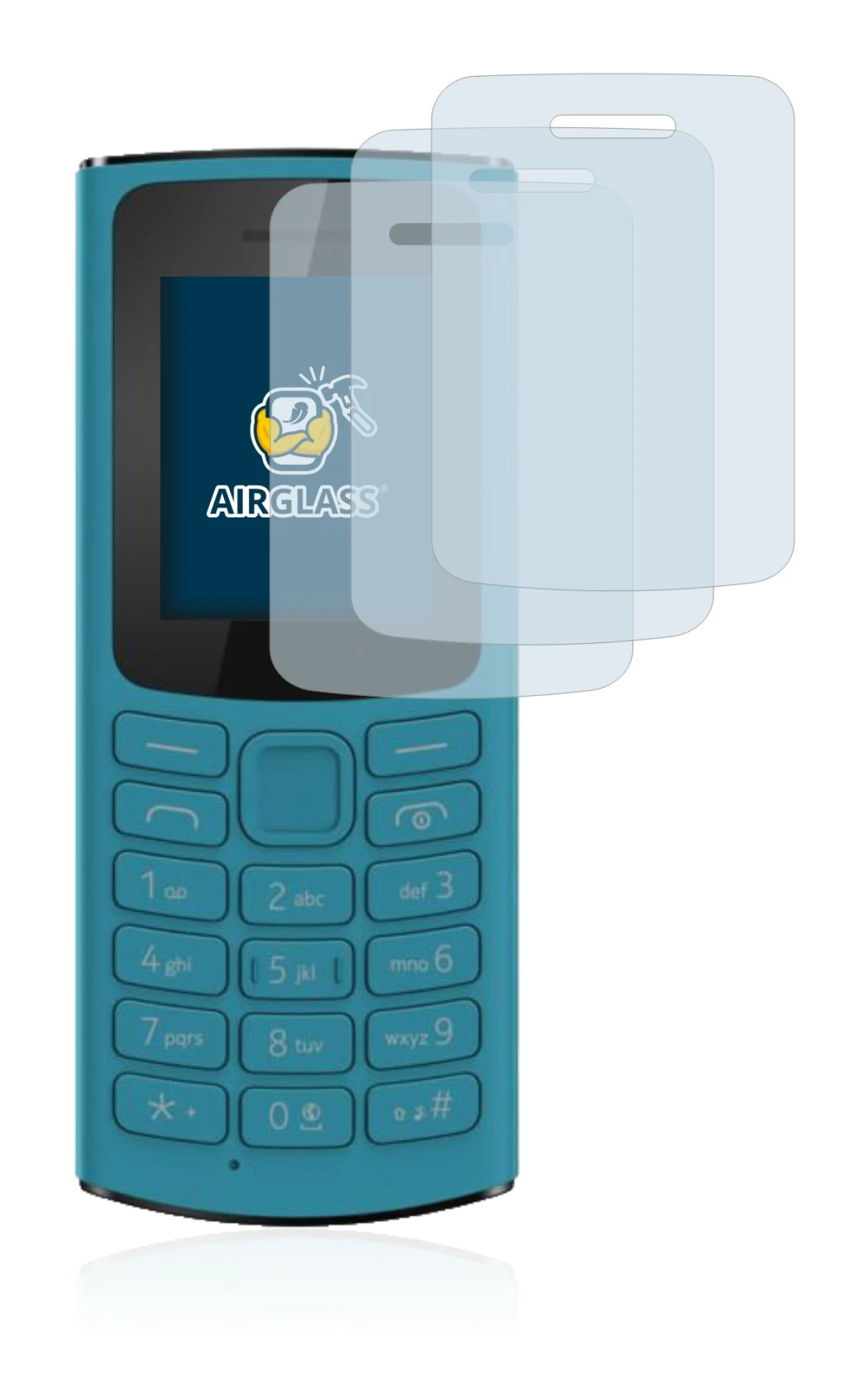 Immagine del dispositivo Nokia 105 4G 2021 con un'ampia varietà di protezioni per lo schermo.