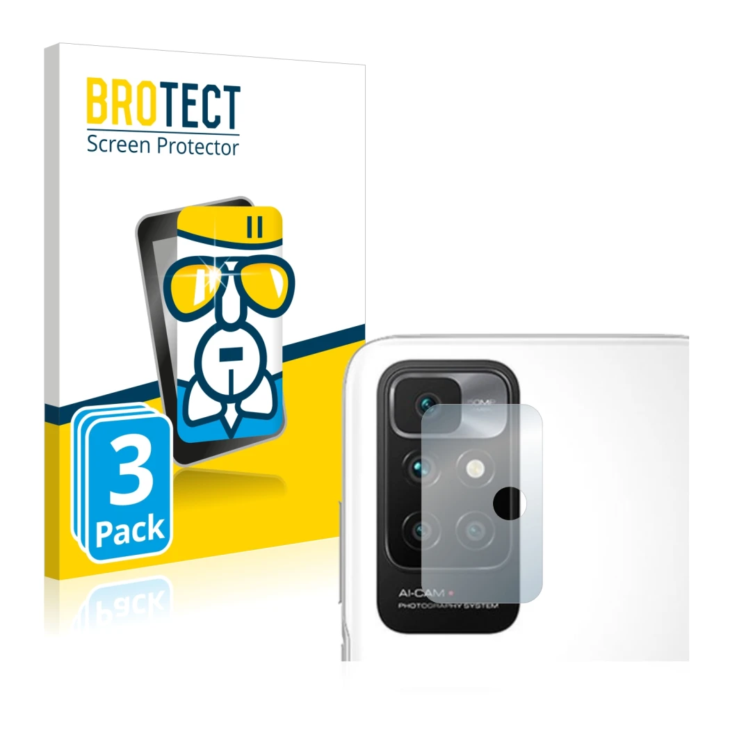 Parte frontale di una confezione del prodotto con il logo del marchio BROTECT. Accanto è raffigurato il dispositivo Xiaomi Red