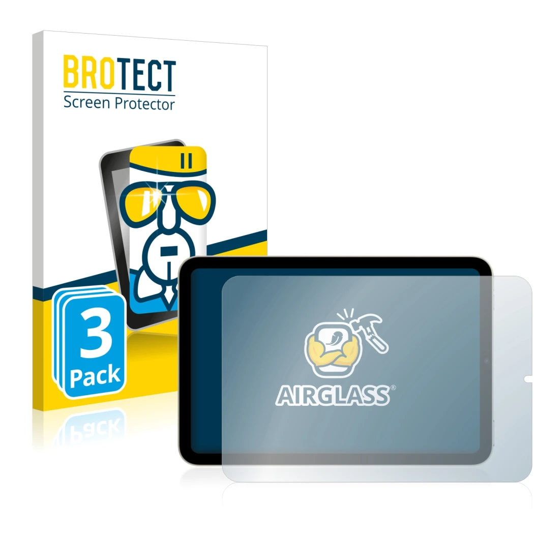 Parte frontale di una confezione del prodotto con il logo del marchio BROTECT. Accanto è raffigurato il dispositivo Apple iPad