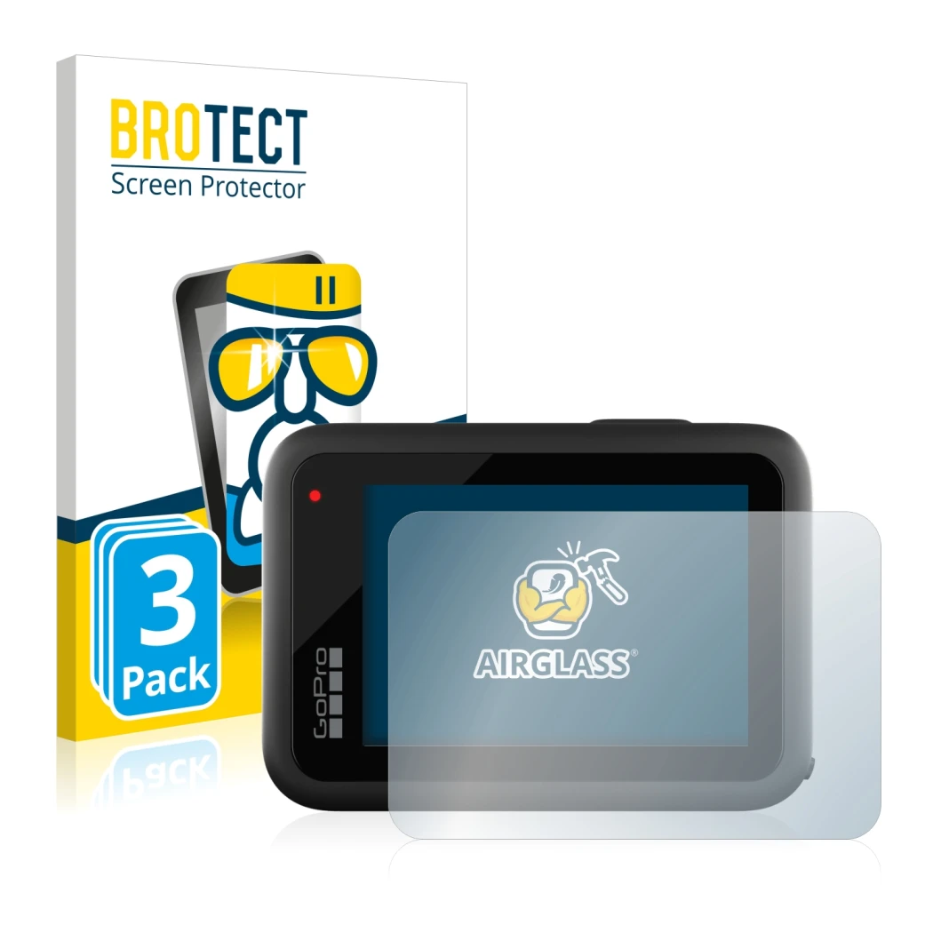 Parte frontale di una confezione del prodotto con il logo del marchio BROTECT. Accanto è raffigurato il dispositivo GoPro Hero