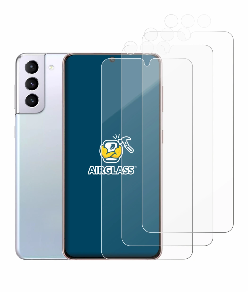 Immagine del dispositivo Samsung Galaxy S21 (Fronte+Fotocamera) con un'ampia varietà di protezioni per lo schermo.