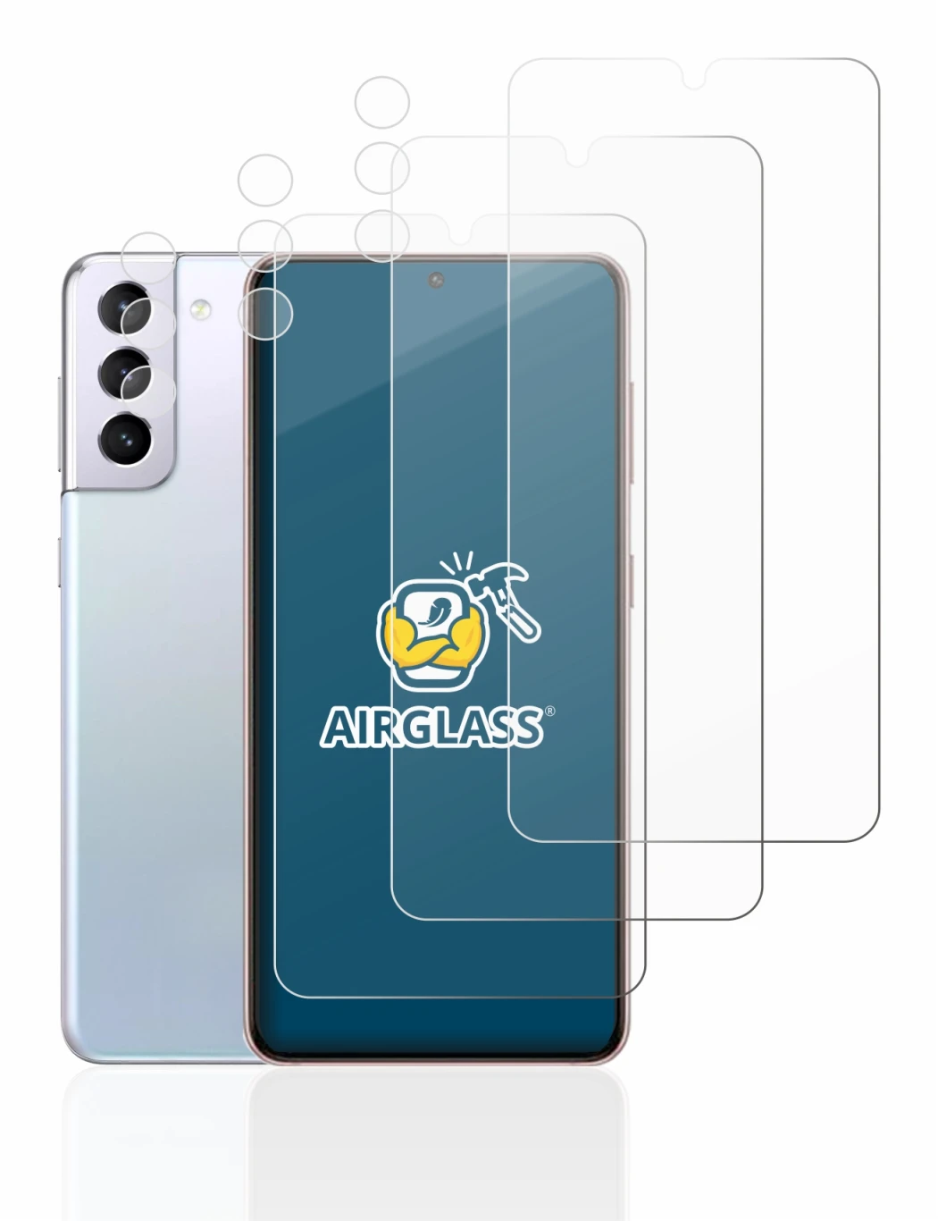 Immagine del dispositivo Samsung Galaxy S21 5G (Fronte+Fotocamera) con un'ampia varietà di protezioni per lo schermo.