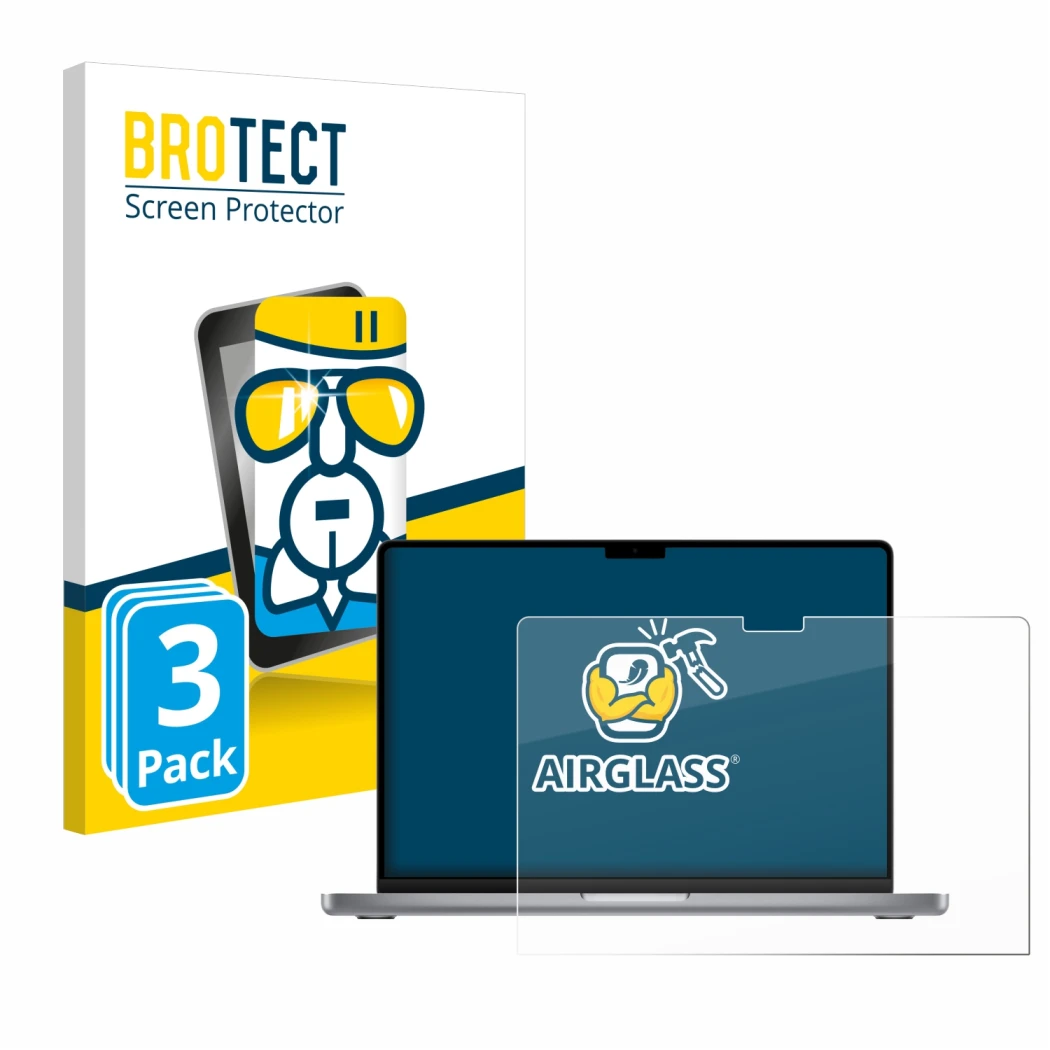 Parte frontale di una confezione del prodotto con il logo del marchio BROTECT. Accanto è raffigurato il dispositivo Apple MacB