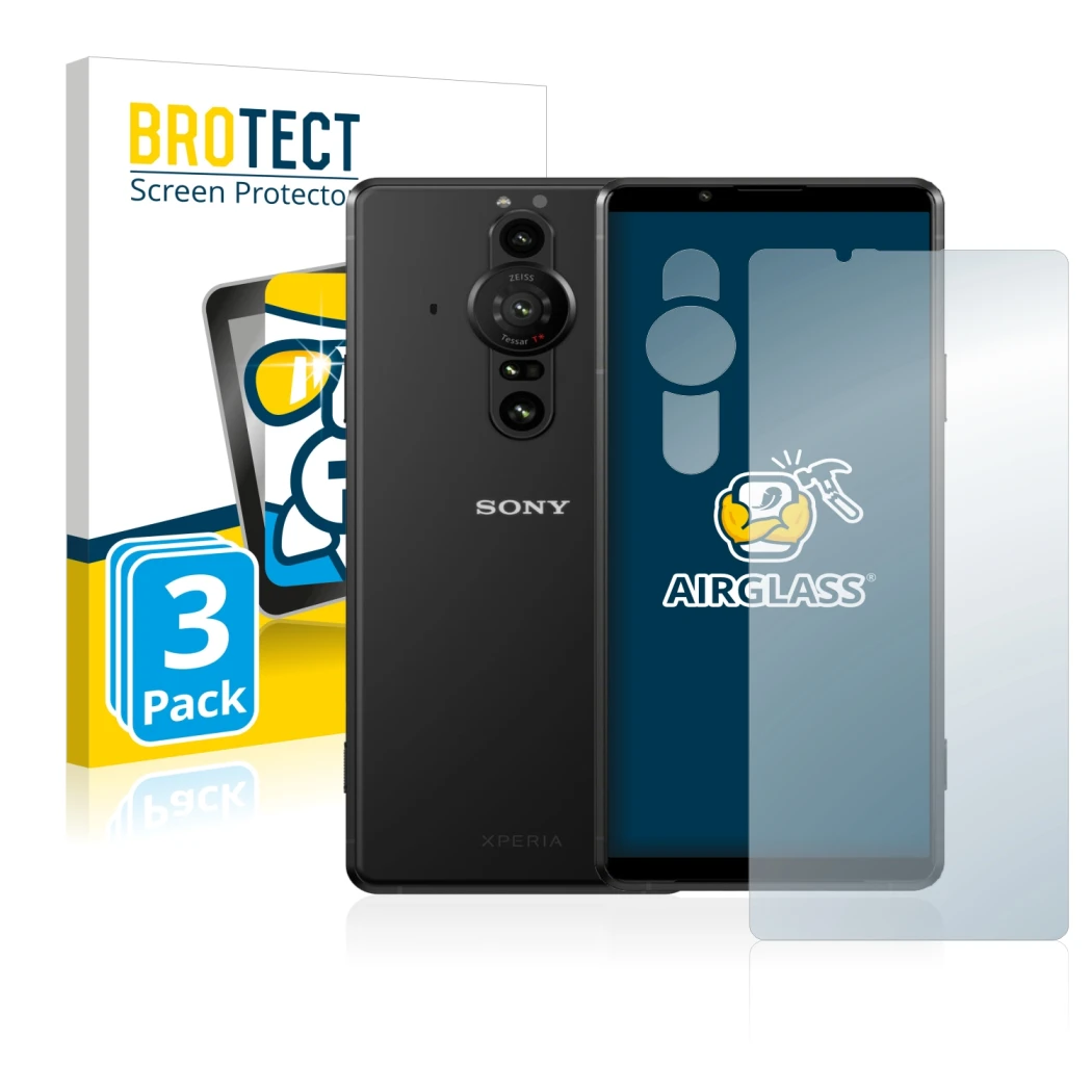 Parte frontale di una confezione del prodotto con il logo del marchio BROTECT. Accanto è raffigurato il dispositivo Sony Xperi