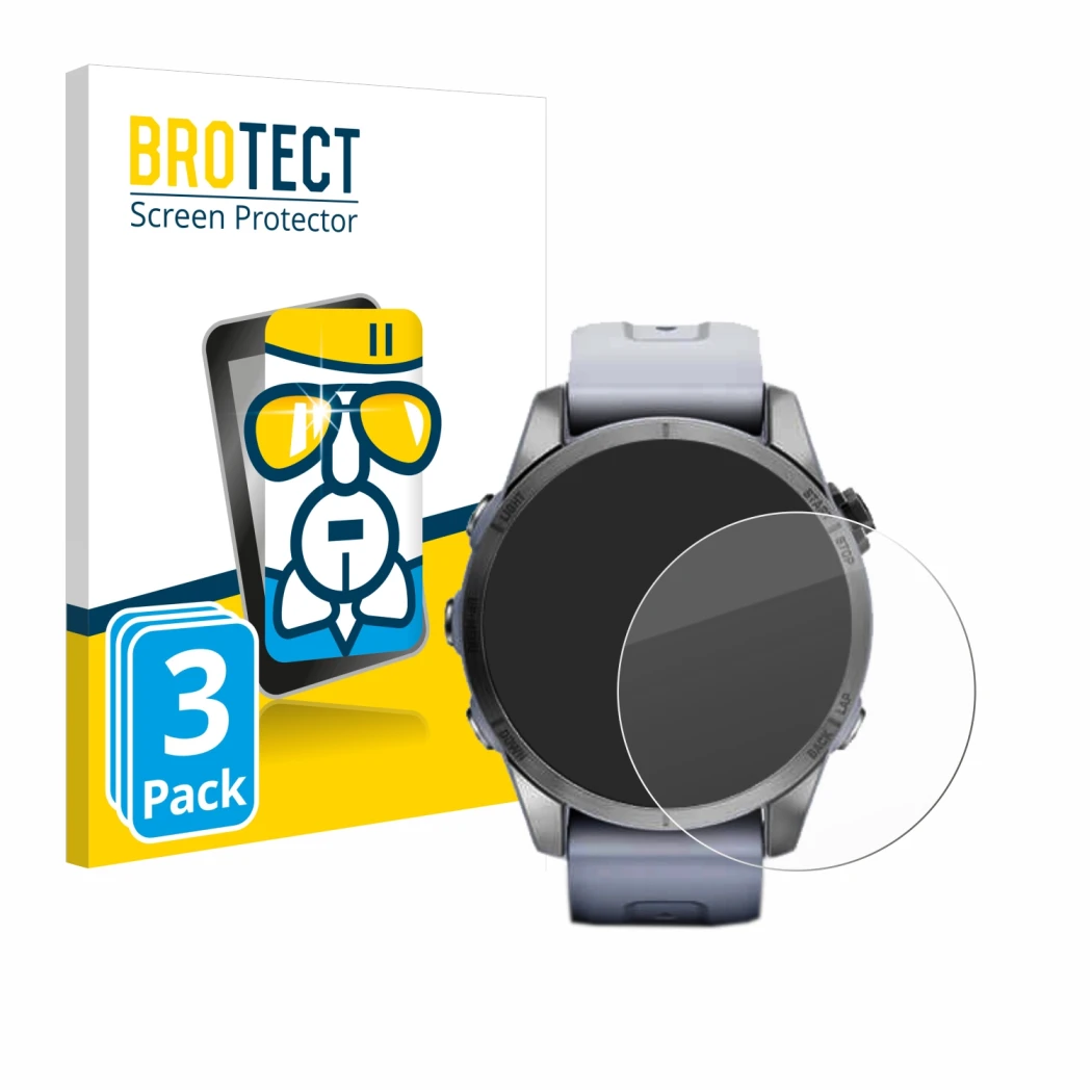Parte frontale di una confezione del prodotto con il logo del marchio BROTECT. Accanto è raffigurato il dispositivo Garmin Fen