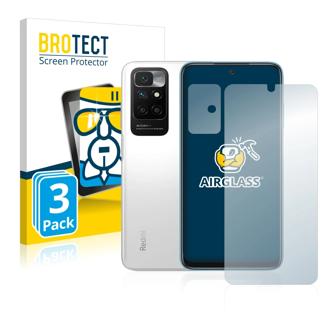 Parte frontale di una confezione del prodotto con il logo del marchio BROTECT. Accanto è raffigurato il dispositivo Xiaomi Red