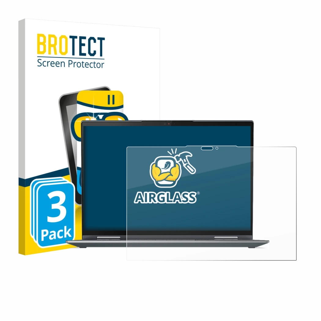 Parte frontale di una confezione del prodotto con il logo del marchio BROTECT. Accanto è raffigurato il dispositivo Lenovo Thi