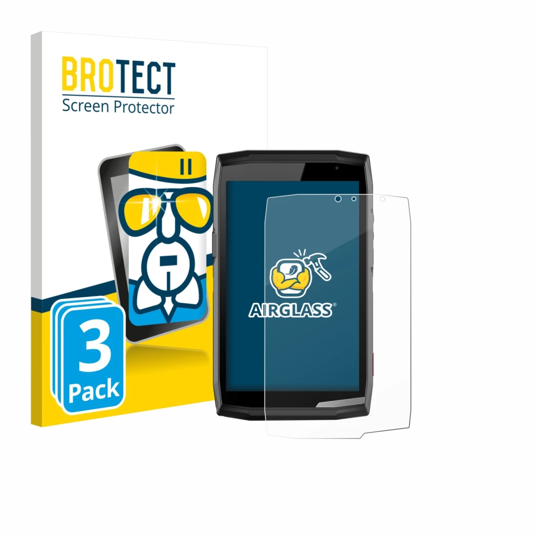 Parte frontale di una confezione del prodotto con il logo del marchio BROTECT. Accanto è raffigurato il dispositivo Crosscall 