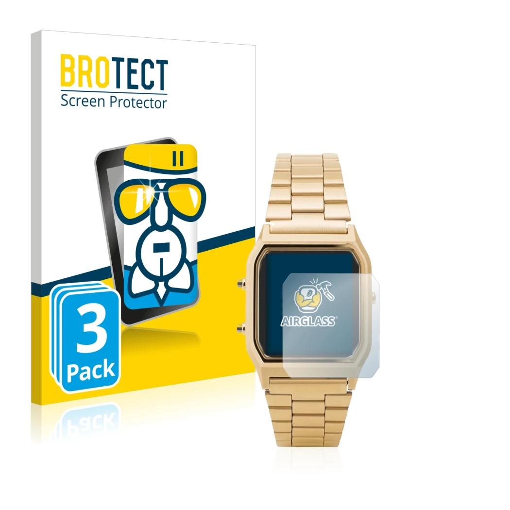 Parte frontale di una confezione del prodotto con il logo del marchio BROTECT. Accanto è raffigurato il dispositivo Casio AQ-2