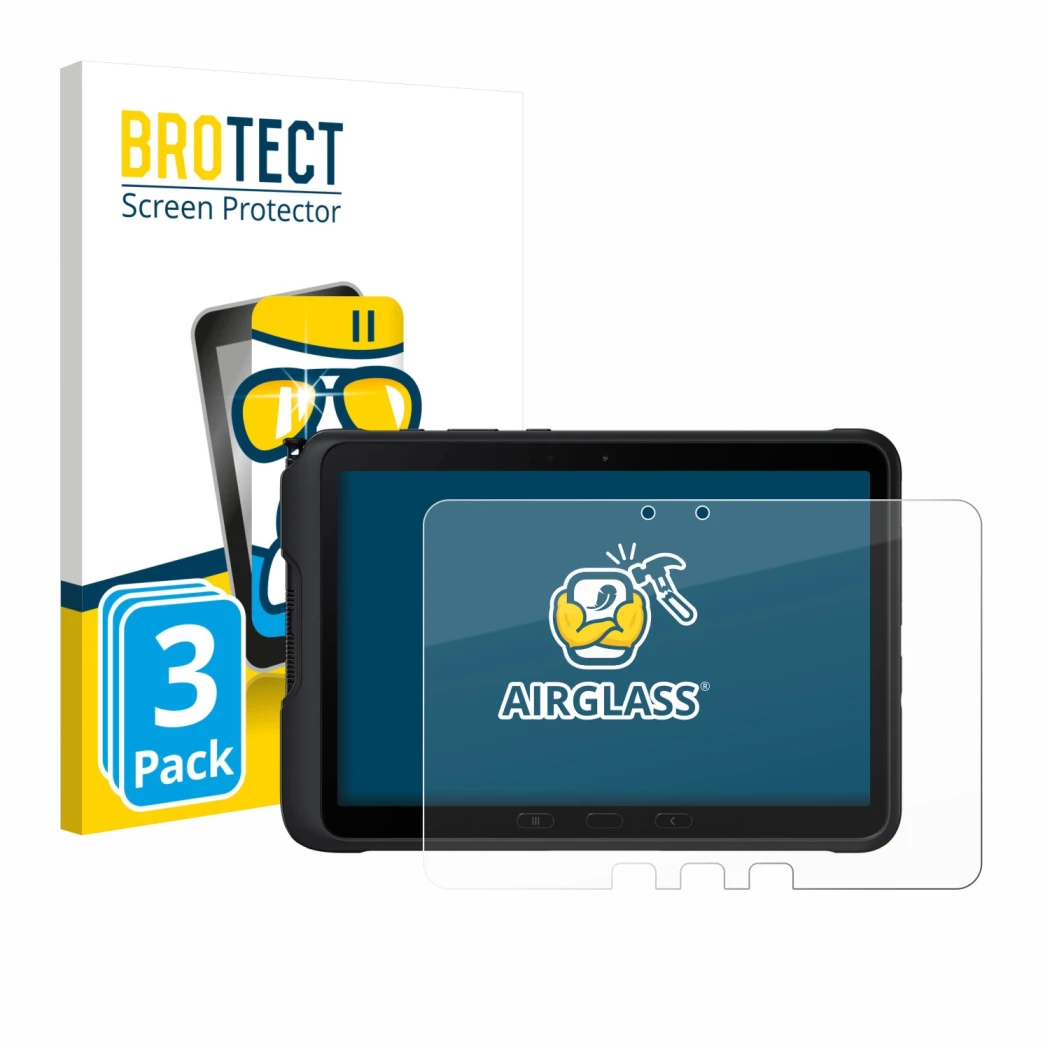 Parte frontale di una confezione del prodotto con il logo del marchio BROTECT. Accanto è raffigurato il dispositivo Samsung Ga