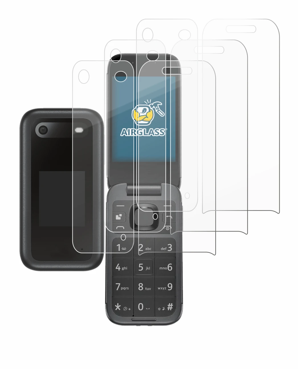 Immagine del dispositivo Nokia 2660 Flip (Fronte+Retro) con un'ampia varietà di protezioni per lo schermo.