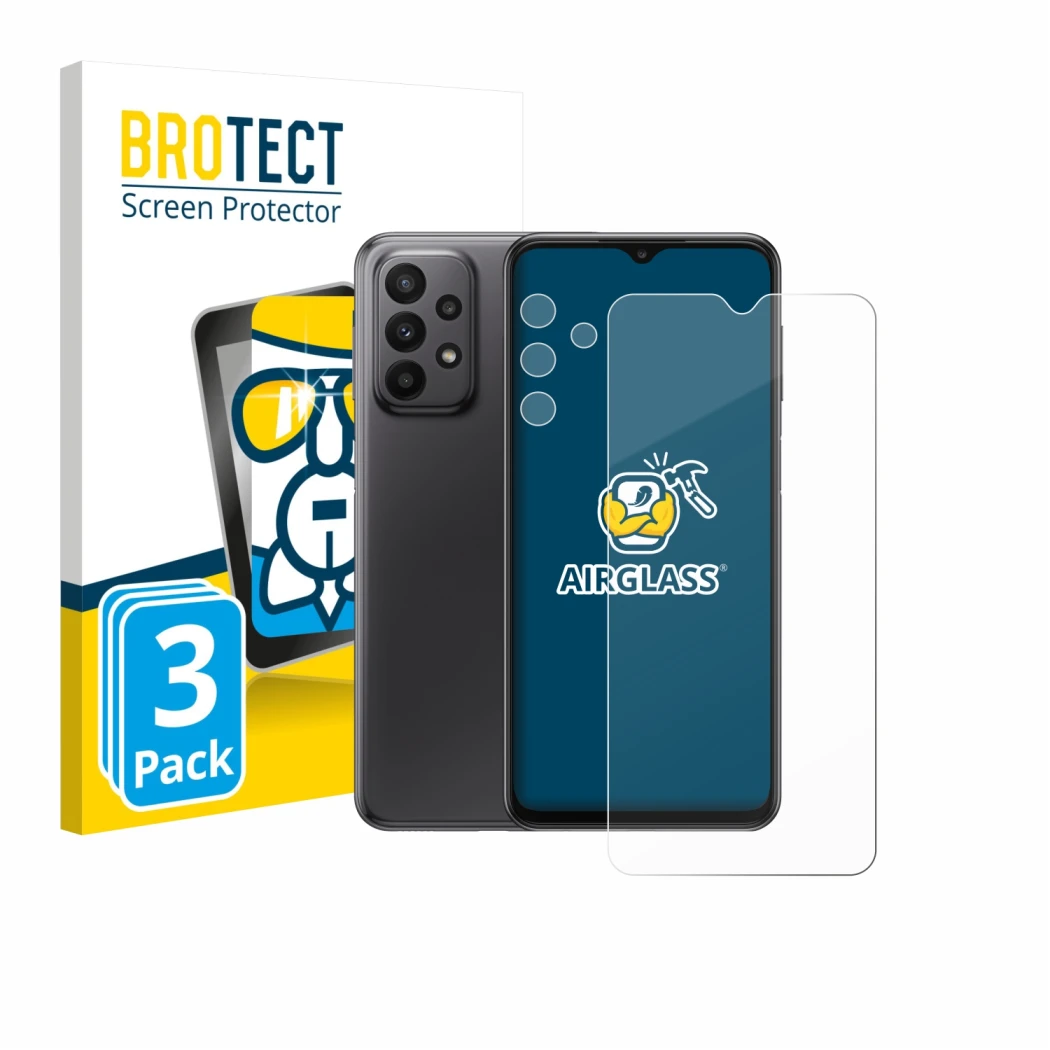 Parte frontale di una confezione del prodotto con il logo del marchio BROTECT. Accanto è raffigurato il dispositivo Samsung Ga