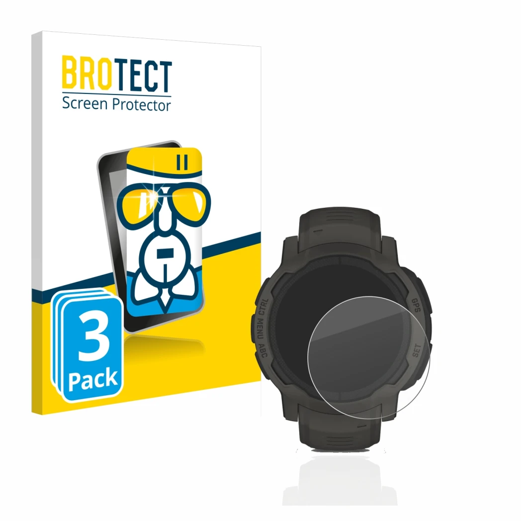 Parte frontale di una confezione del prodotto con il logo del marchio BROTECT. Accanto è raffigurato il dispositivo Garmin Ins