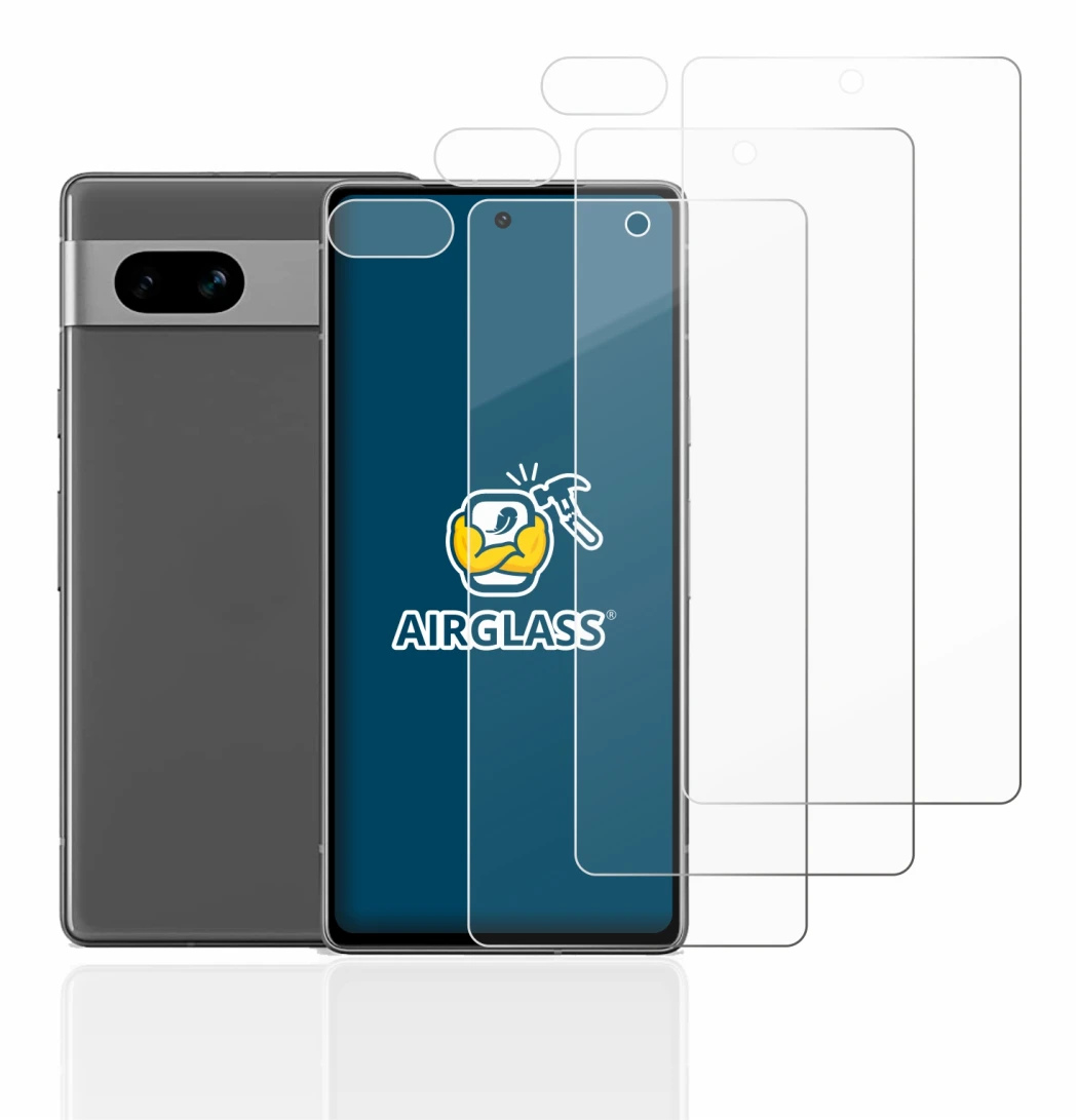 Immagine del dispositivo Google Pixel 7a (Fronte+Fotocamera) con un'ampia varietà di protezioni per lo schermo.