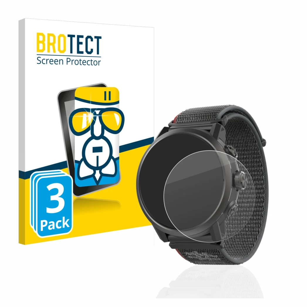 Parte frontale di una confezione del prodotto con il logo del marchio BROTECT. Accanto è raffigurato il dispositivo Coros Apex