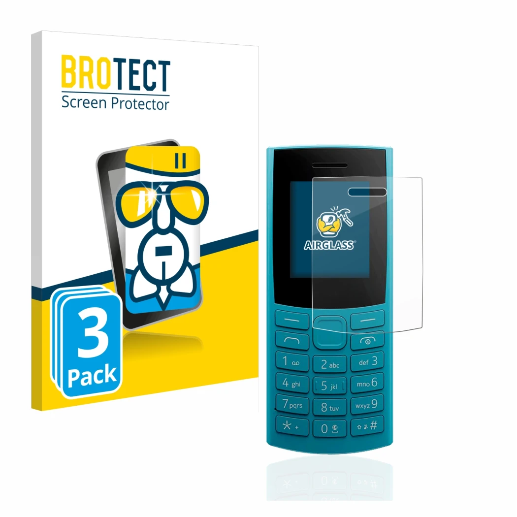 Parte frontale di una confezione del prodotto con il logo del marchio BROTECT. Accanto è raffigurato il dispositivo Nokia 105