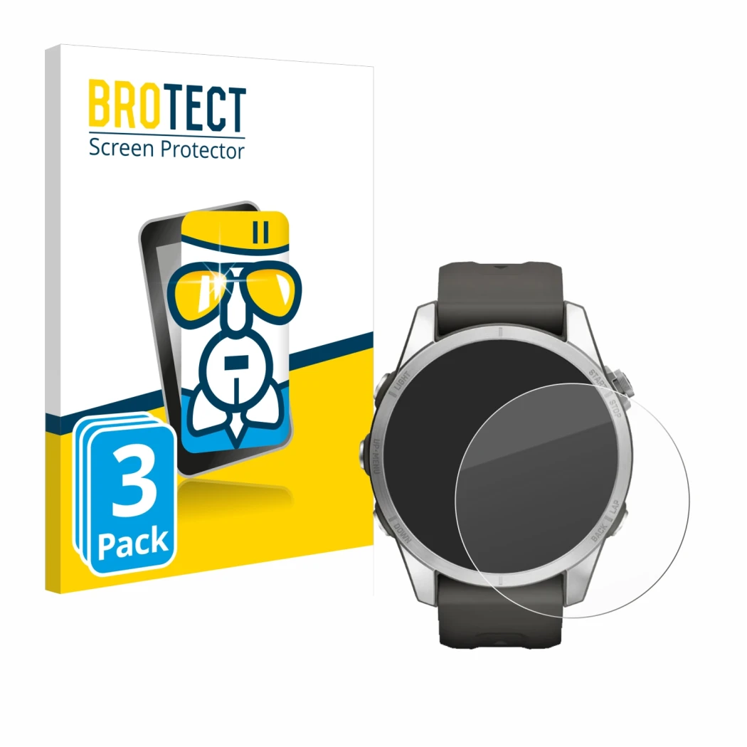 Parte frontale di una confezione del prodotto con il logo del marchio BROTECT. Accanto è raffigurato il dispositivo Garmin Fen