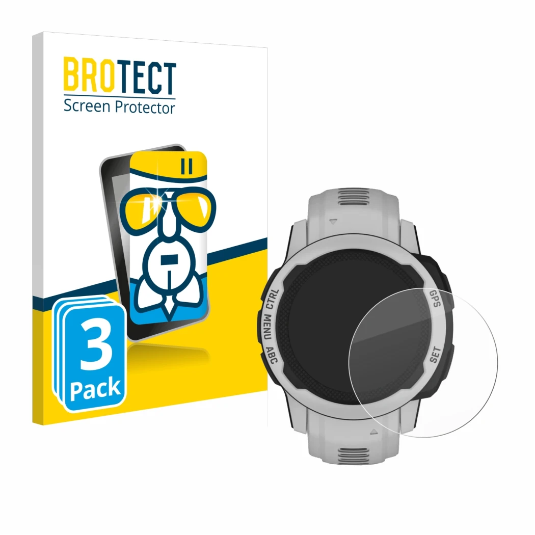 Parte frontale di una confezione del prodotto con il logo del marchio BROTECT. Accanto è raffigurato il dispositivo Garmin Ins