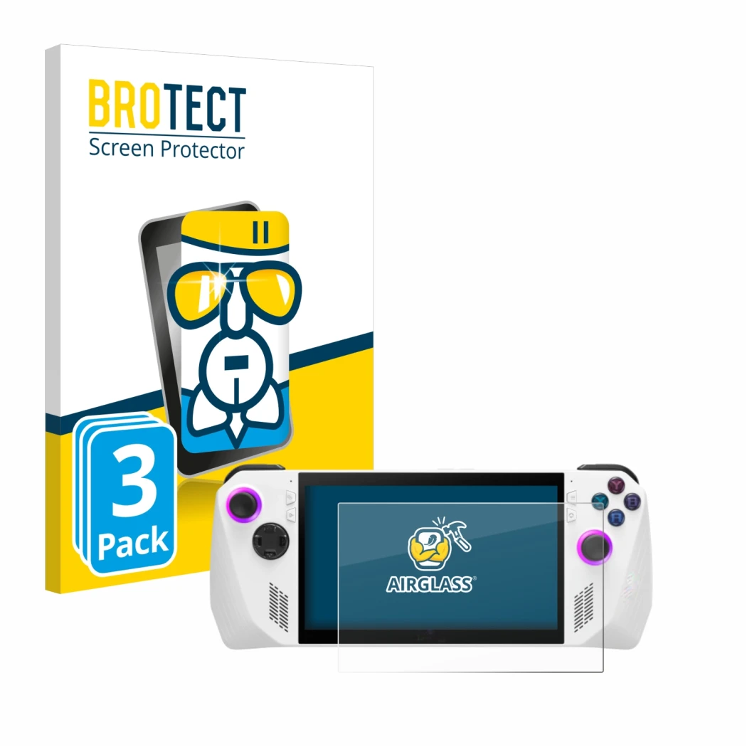 Parte frontale di una confezione del prodotto con il logo del marchio BROTECT. Accanto è raffigurato il dispositivo ASUS ROG A