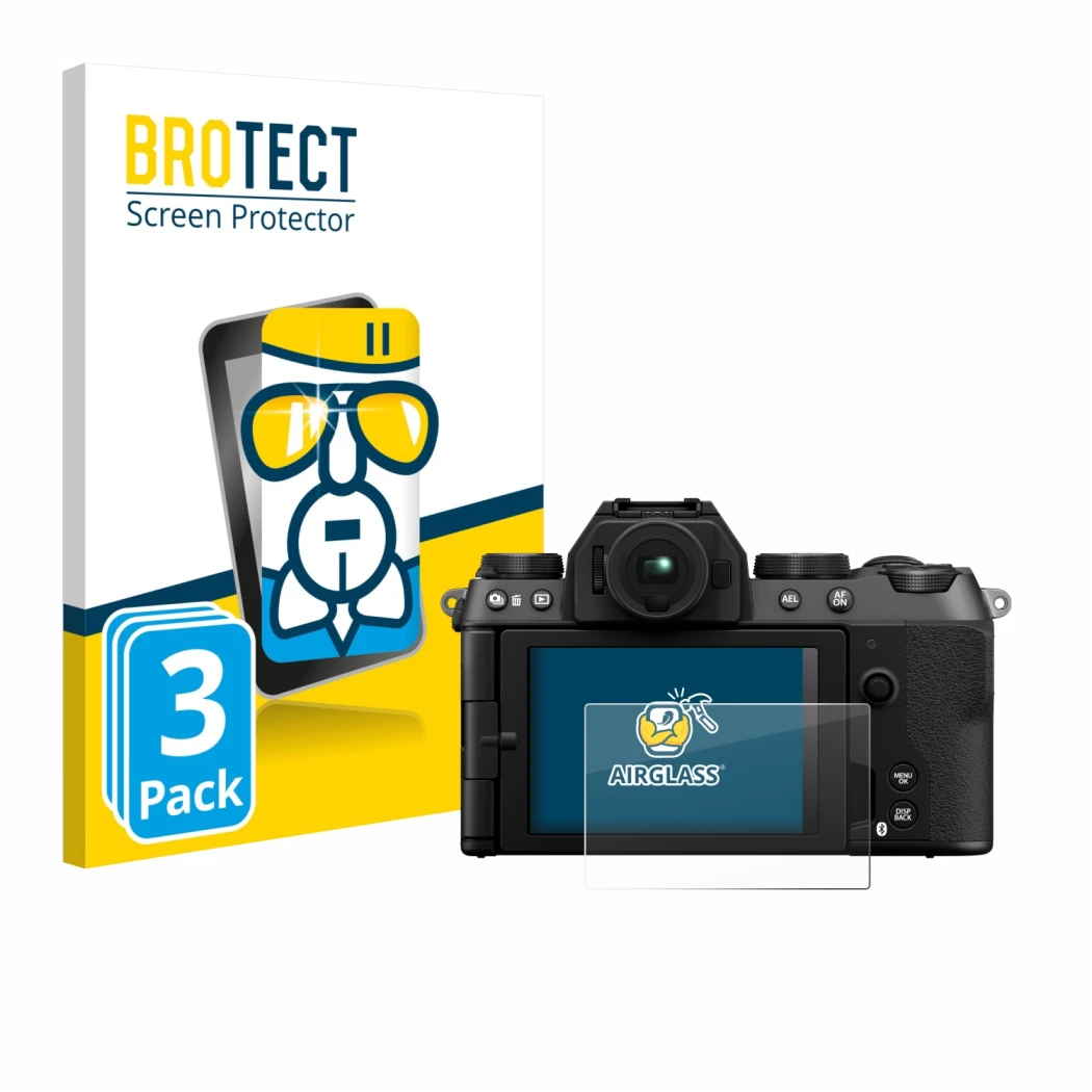 Parte frontale di una confezione del prodotto con il logo del marchio BROTECT. Accanto è raffigurato il dispositivo Fujifilm X