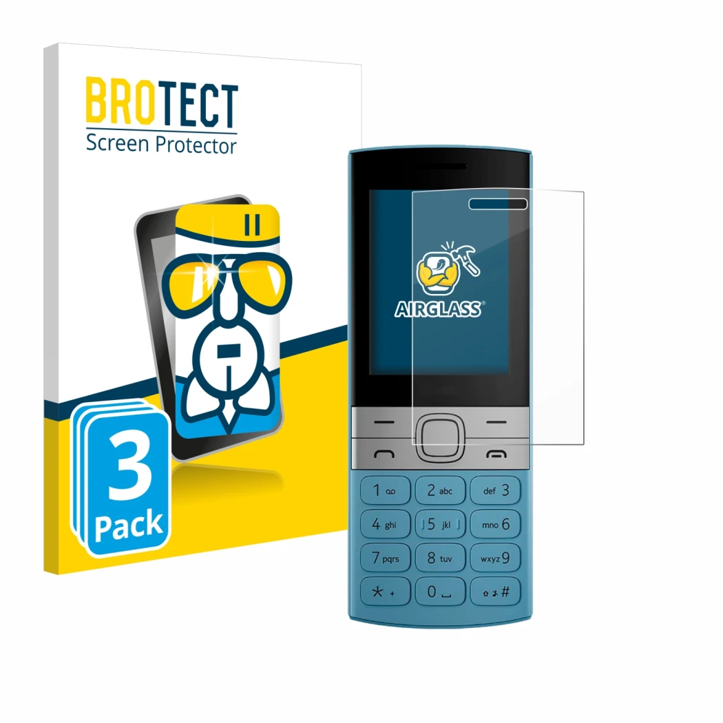 Parte frontale di una confezione del prodotto con il logo del marchio BROTECT. Accanto è raffigurato il dispositivo Nokia 150